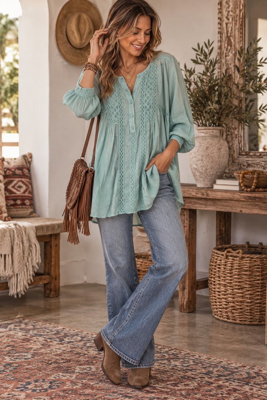 NWT Village Blues XL Aqua Cotton Lace Boho Tunic Blouse Pintuck Peasant Top